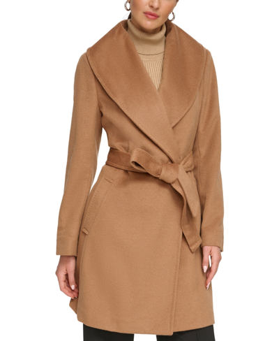 Dkny Women's Shawl-collar Wool Blend Wrap Coat In Dark Camel