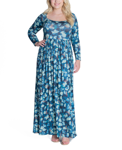24seven Comfort Apparel Women's Abstract Long Sleeve Pleated Maxi Dress In Blue Multi