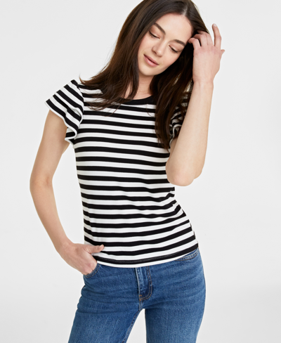 On 34th Women's Flutter-sleeve Ribbed Top, Created For Macy's In White,black Combo