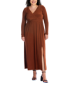 24seven Comfort Apparel Womens Long Sleeve V-neck Side Slit Maxi Dress In Brown