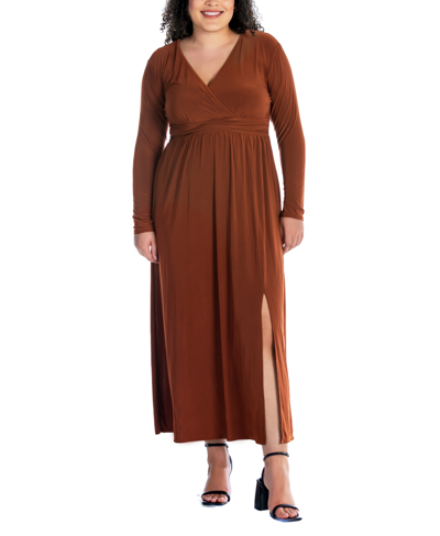 24seven Comfort Apparel Women's Long Sleeve V-neck Side Slit Maxi Dress In Tobacco