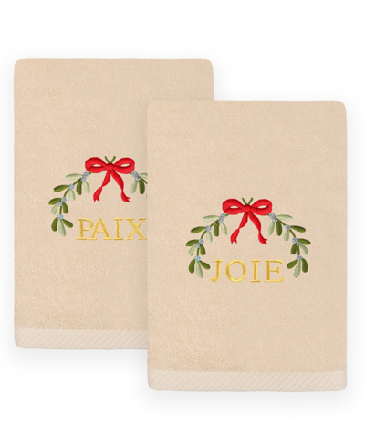 Linum Home Christmas Mistletoe Paix Joie Embroidered Luxury 100% Turkish Cotton Hand Towels, 2 Piece Set In Sand