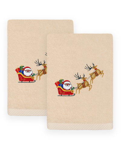 Linum Home Christmas Santa's Sled Embroidered Luxury 100% Turkish Cotton Hand Towels, 2 Piece Set In Sand