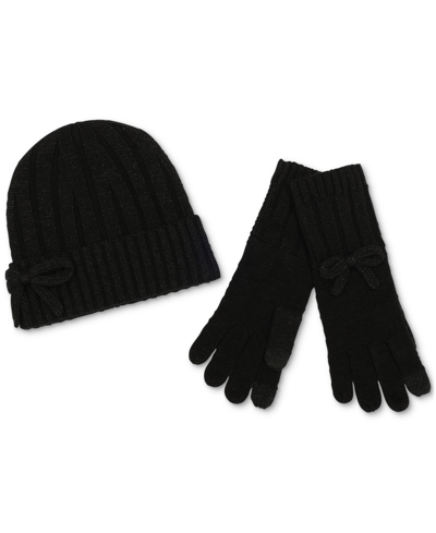 Kate Spade Women's Metallic Bow Beanie & Gloves Boxed Set In Black