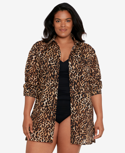 Lauren Ralph Lauren Plus Size Cotton Leopard-print Camp Shirt Cover-up