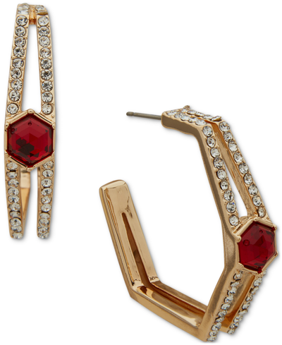 Anne Klein Gold-tone Small Pave & Color Hexagon Stone Open Hoop Earrings, 0.82" In Red