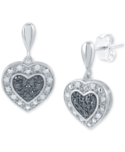Macy's Black & White Diamond Heart Drop Earrings (1/6 Ct. T.w.) In Sterling Silver