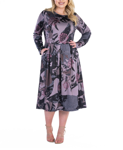 24seven Comfort Apparel Plus Size Long Sleeve Pleat Pocket Midi Dress In Purple Multi
