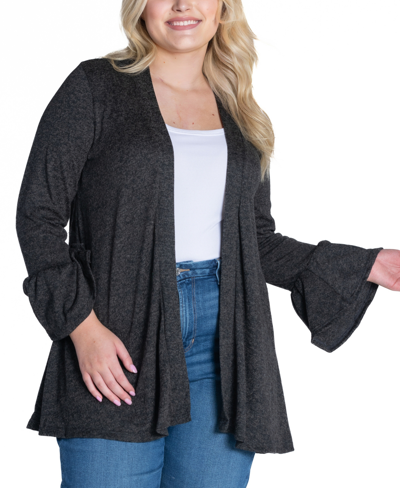 24seven Comfort Apparel Women's Three Quarter Bell Sleeve Open Cardigan Jacket In Black