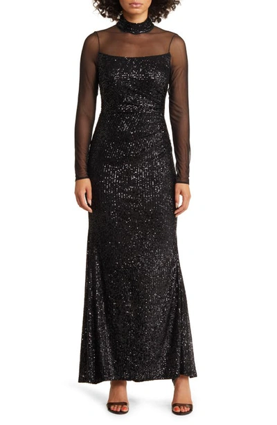 Eliza J Sequin Mesh Lace Long Sleeve Gown In Black