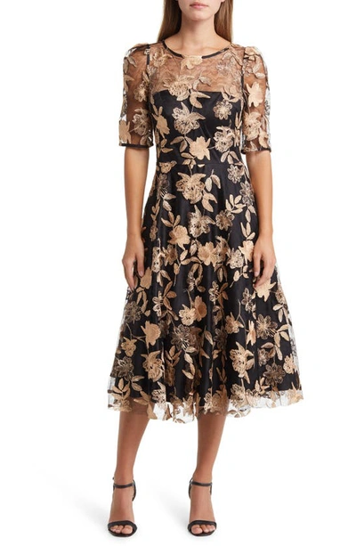 Eliza J Floral Embroidery Midi Cocktail Dress In Black Carame