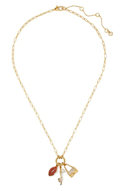Kate Spade Gold-tone Imitation Pearl & Crystal Night Out Motif Charm Pendant Necklace, 16 + 3" Extender In Metal