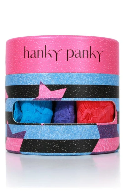 Hanky Panky Holiday Assorted 3-pack Original Rise Thongs In Pink/ Purple/ Turquiose