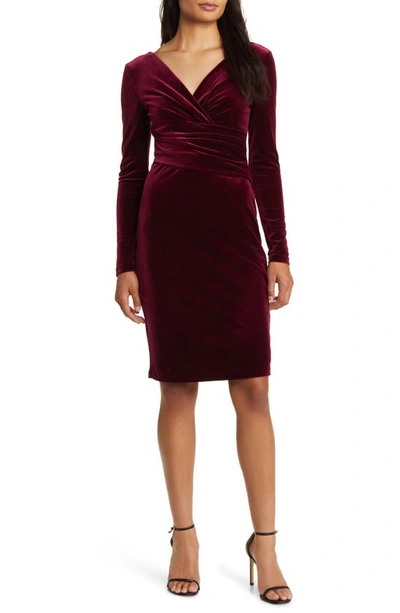 Eliza J Ruched Long Sleeve Velvet Body-con Dress In Wine
