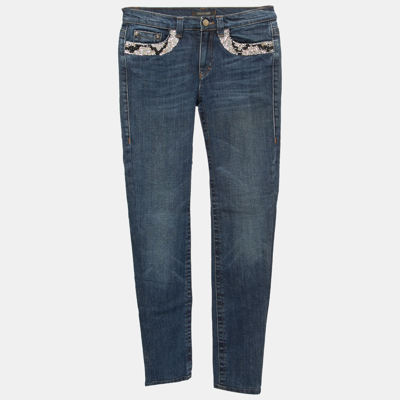 Pre-owned Roberto Cavalli Blue Washed Denim Embellished Pocket Detail Straight Fit Jeans S Waist 28"