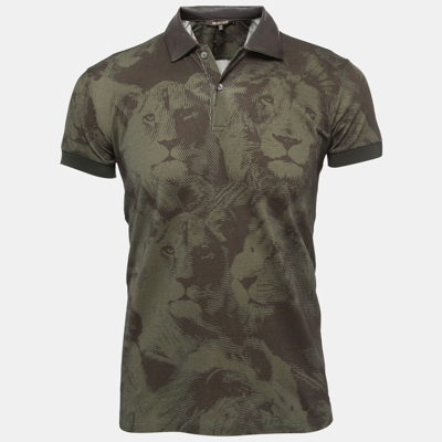 Pre-owned Roberto Cavalli Military Green Lion Print Cotton Leather Trimmed Polo T-shirt S