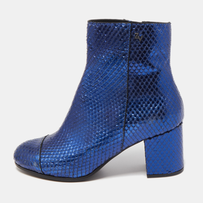 Pre-owned Zadig & Voltaire Blue Python Embossed Leather Block Heel Ankle Booties Size 36