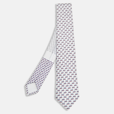 Pre-owned Hermes Hermès Silver 7 Roller Dog Twillbi Printed Silk Slim Tie
