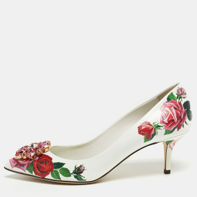 Pre-owned Dolce & Gabbana Multicolor Floral Print Leather Crystals Belluci Pumps Size 38.5