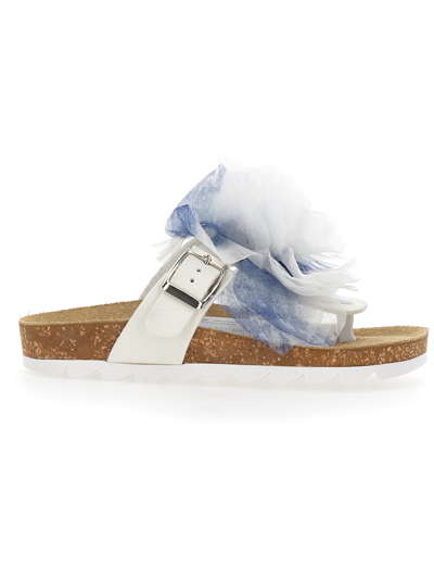 Monnalisa Maxiflower Glitter Flip Flops In Cream + Electric Blue