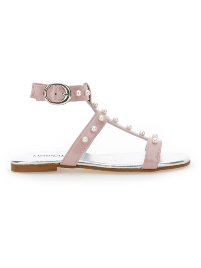 Monnalisa Leather Sandals With Pearls In Cyclamen