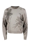 Brunello Cucinelli Long-sleeved Round-neck Wool, Silk And Cashmere Sweater With Flower Print Embellished With Lurex In Brown