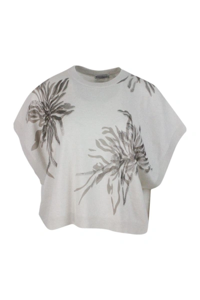 Brunello Cucinelli Crewneck Sweater In Wool, Silk And Cashmere With Floral Print Embellished With Lurex In Cream