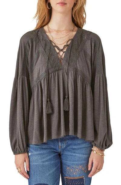 Lucky Brand Women's Tie-neck Lace-trim Peasant Top In Black