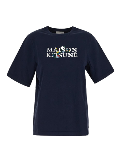 Maison Kitsuné Floral Logo Embroidery T-shirt In Blue
