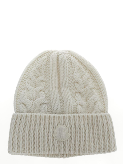 Moncler Cable Knit Beanie Hat In White