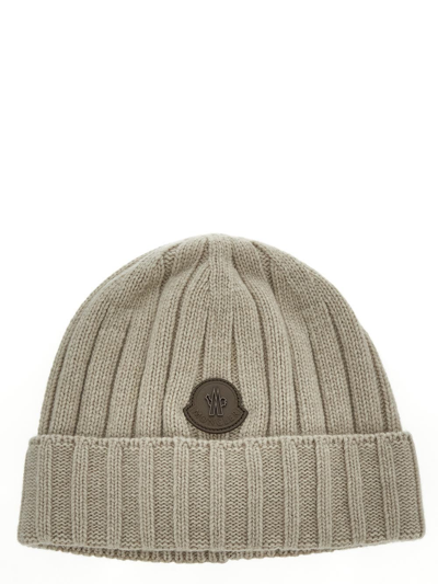 Moncler Logo Patch Knit Beanie Hat In Beige