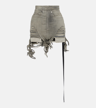 Rick Owens High Rise Fringed Denim Shorts In Beige,grey