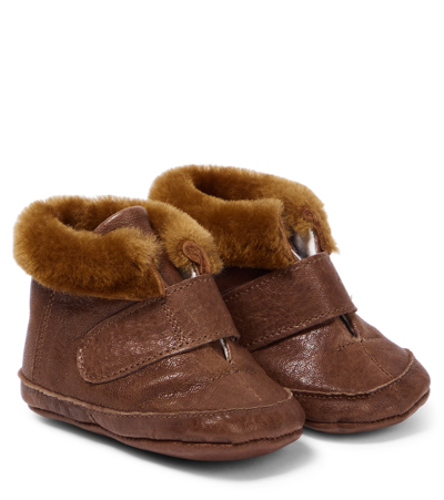 Pèpè Baby Shearling-trimmed Leather Booties In Brown