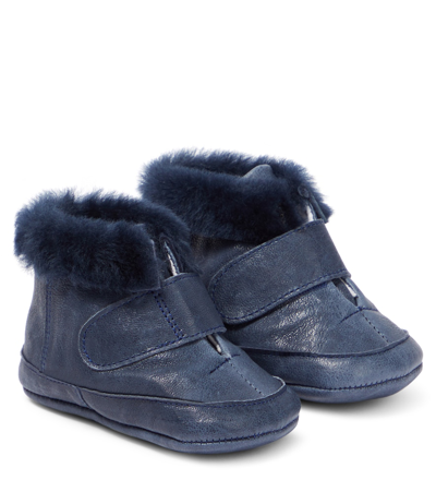 Pèpè Baby Shearling-trimmed Leather Booties In Blue