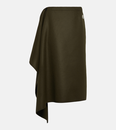 Moncler Cashmere-blend Midi Skirt With Ruffle Detail In Khaki
