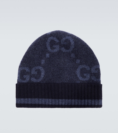 Gucci Gg Jacquard Cashmere Beanie In Blue