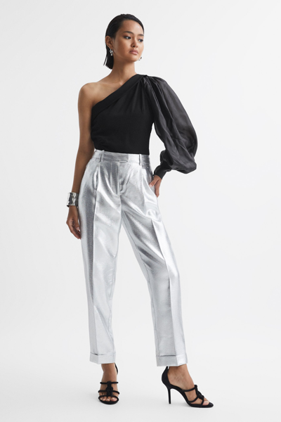 Reiss Black One-shoulder Blouson Sleeve Ruche Top