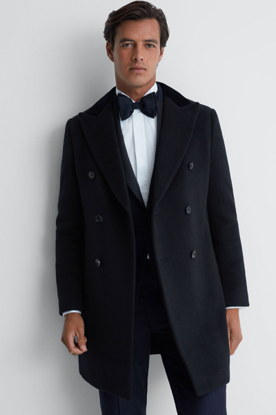 Reiss Waffle Velvet-collar Double-breasted Wool-blend Coat In Navy