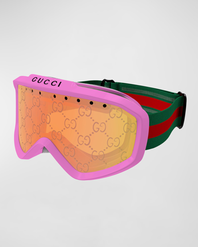 Gucci Multicolor Logo Injection Plastic Shield Sunglasses In Shiny Solid Pinkm