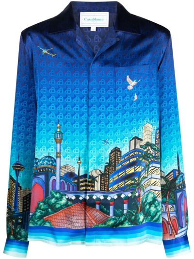 Casablanca The Night View Print Silk Button-up Shirt In Blue