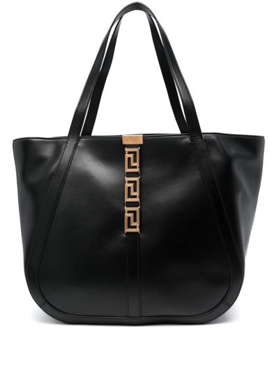 Versace Womens Black Grecca Goddess Large Leather Tote Bag