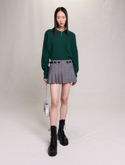 Maje Pleated Checked Twill Mini Skirt In Grey