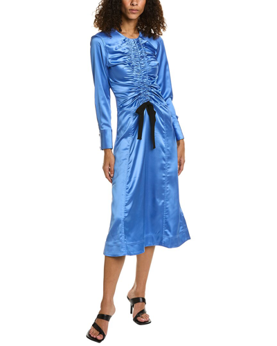 Ganni Ruched Cutout Recycled Stretch-satin Midi Dress In Blue