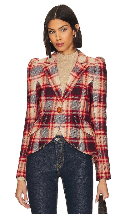 Smythe Pouf-sleeve Single-breasted Plaid Blazer With Leather Trim In Carmine Plaid With Whiskey