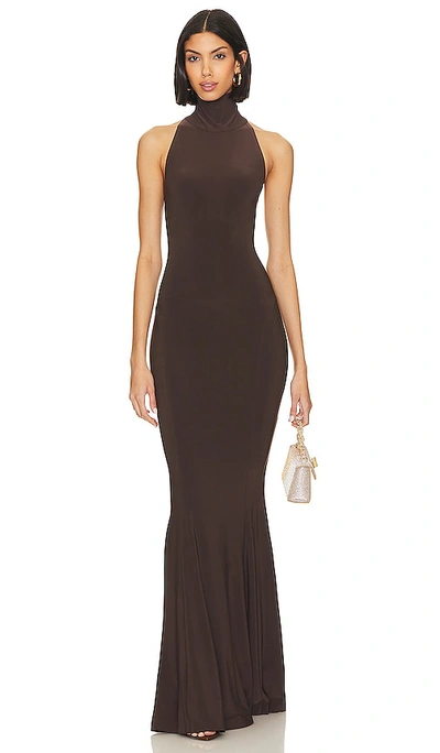 Norma Kamali Fishetail Fitted Long Dress In Brown