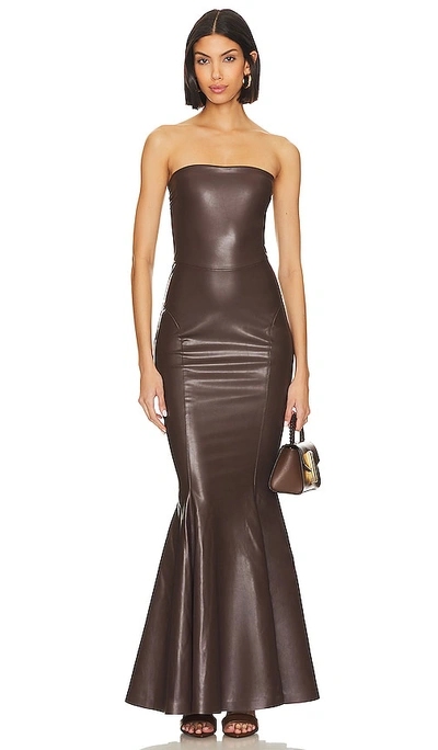 Norma Kamali Strapless Faux Leather Maxi Dress In Chocolate