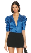 Frame Gillian Silk Ruched Sleeve Top In Blue