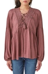 LUCKY BRAND LUCKY BRAND LACE-UP TRIM PEASANT TOP