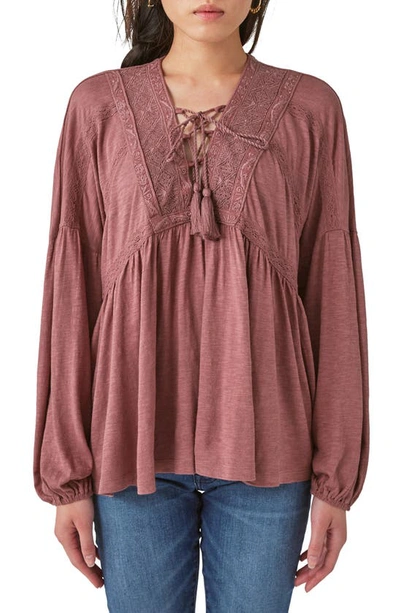 LUCKY BRAND LACE-UP TRIM PEASANT TOP