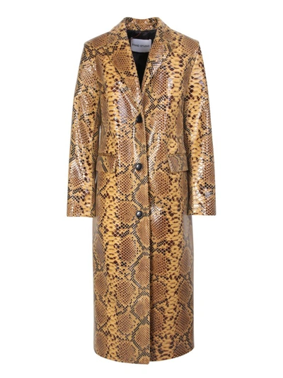 Stand Studio Zoie Printed Faux Leather Long Coat In Brown